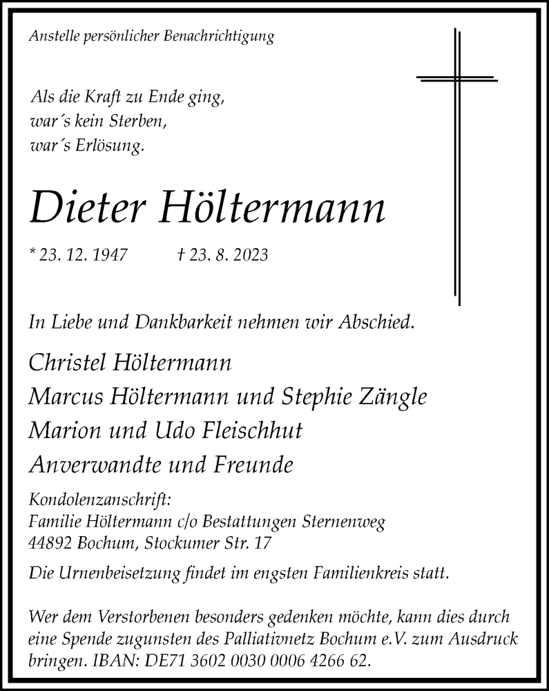  Traueranzeige für Dieter Höltermann vom 02.09.2023 aus Tageszeitung
