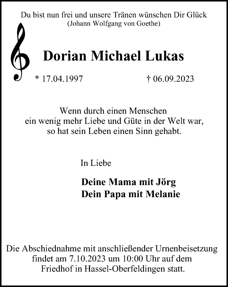  Traueranzeige für Dorian Michael Lukas vom 30.09.2023 aus Tageszeitung