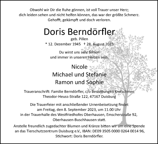 Traueranzeige von Doris Berndörfler von Tageszeitung