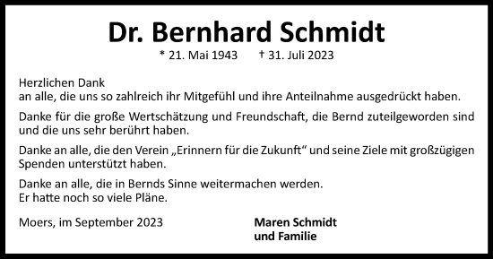 Traueranzeige von Dr. Bernhard Schmidt von Tageszeitung