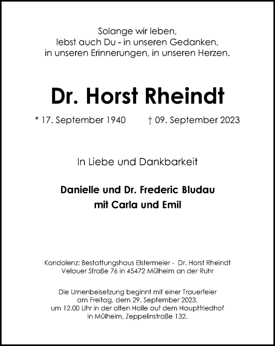 Traueranzeige von Dr. Horst Rheindt von Tageszeitung