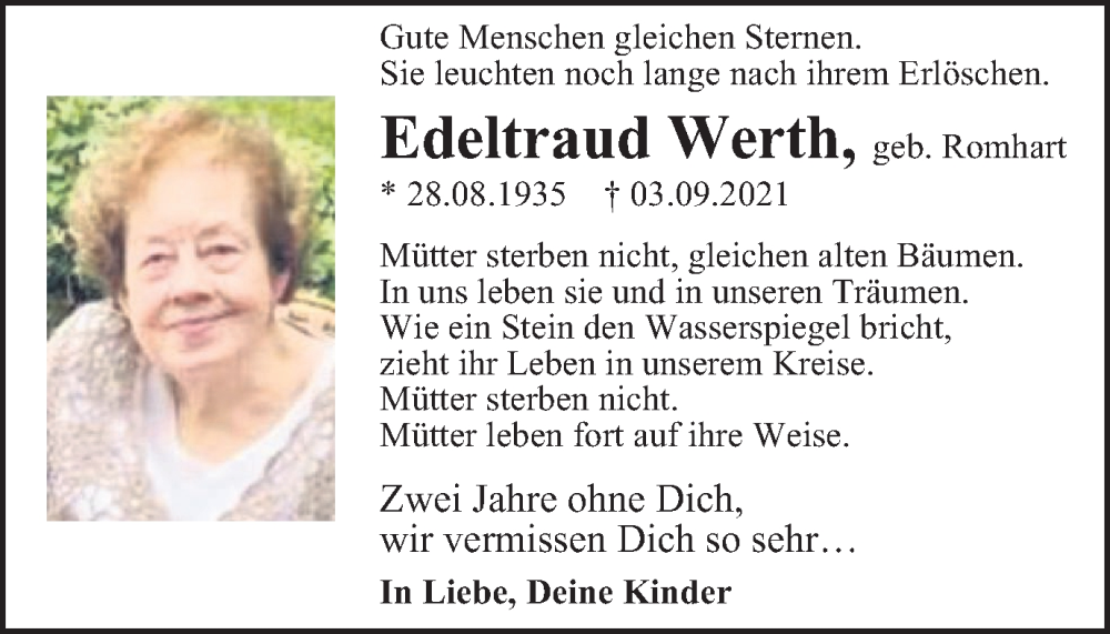  Traueranzeige für Edeltraud Werth vom 02.09.2023 aus Tageszeitung