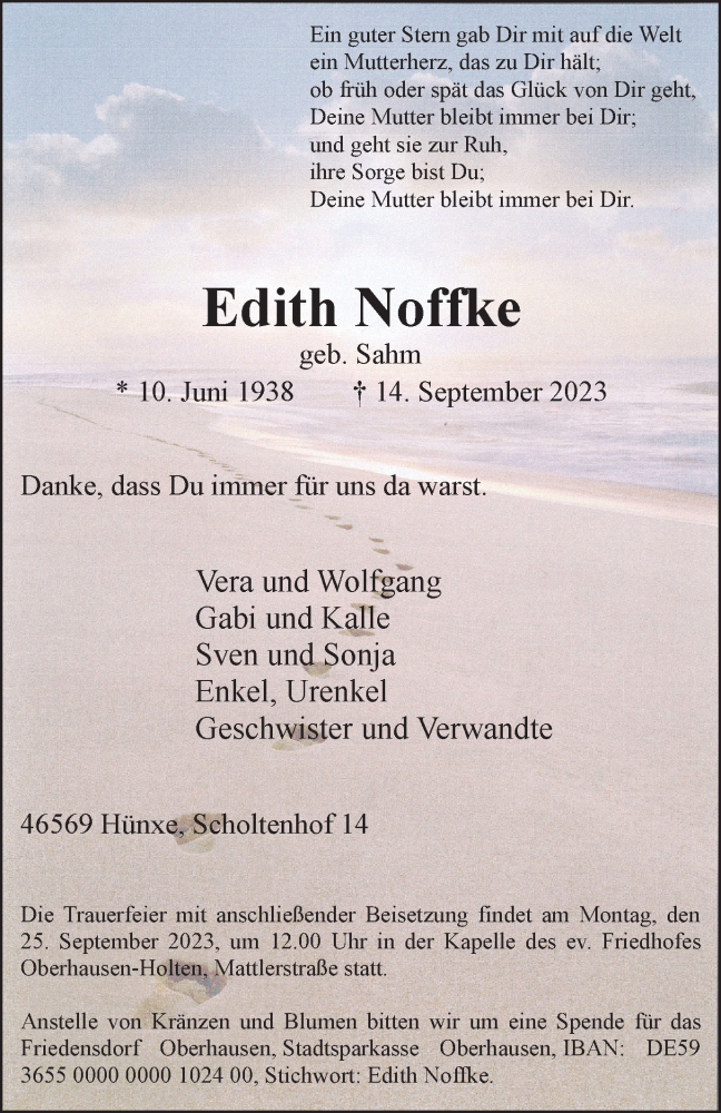  Traueranzeige für Edith Noffke vom 20.09.2023 aus Tageszeitung