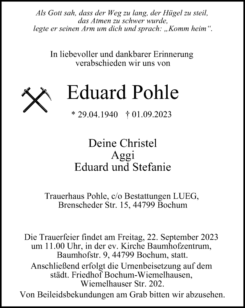  Traueranzeige für Eduard Pohle vom 16.09.2023 aus Tageszeitung