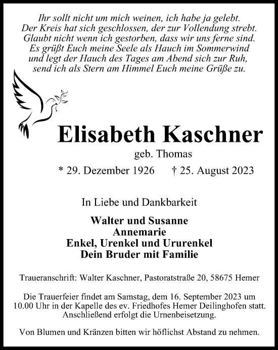 Traueranzeige von Elisabeth Kaschner von Tageszeitung