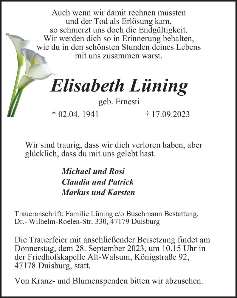  Traueranzeige für Elisabeth Lüning vom 23.09.2023 aus Tageszeitung