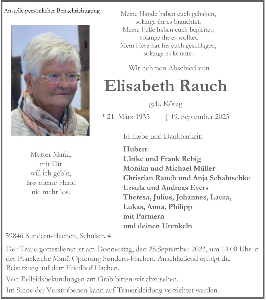  Traueranzeige für Elisabeth Rauch vom 23.09.2023 aus Tageszeitung