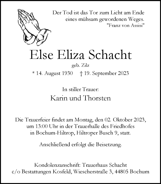 Traueranzeige von Else Eliza Schacht von Tageszeitung