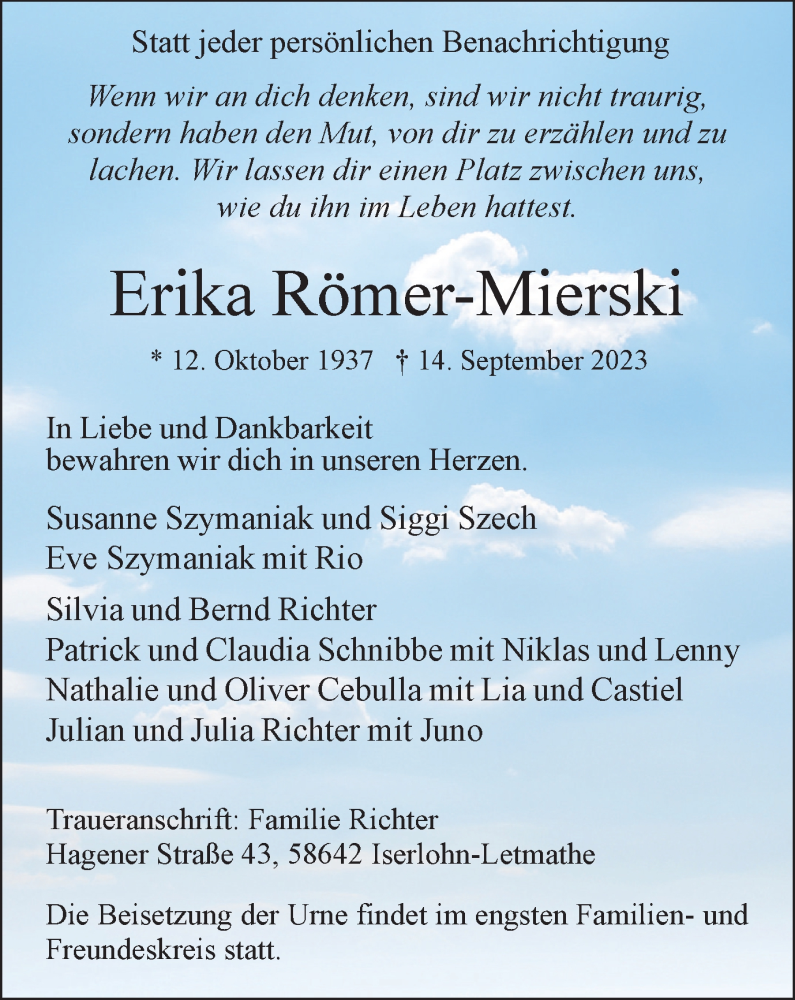  Traueranzeige für Erika Römer-Mierski vom 16.09.2023 aus Tageszeitung