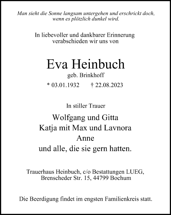 Traueranzeige von Eva Heinbuch von Tageszeitung
