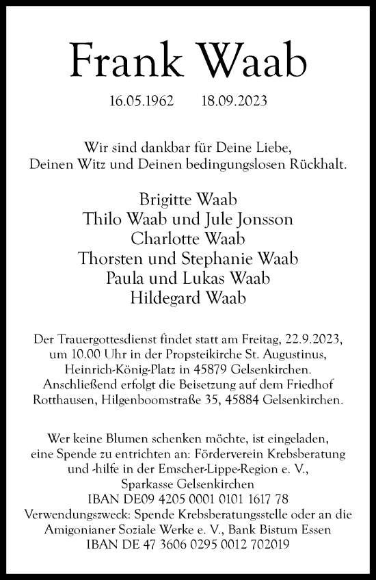Traueranzeige von Frank Waab von Tageszeitung