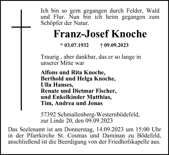 Traueranzeige von Franz-Josef Knoche von Tageszeitung