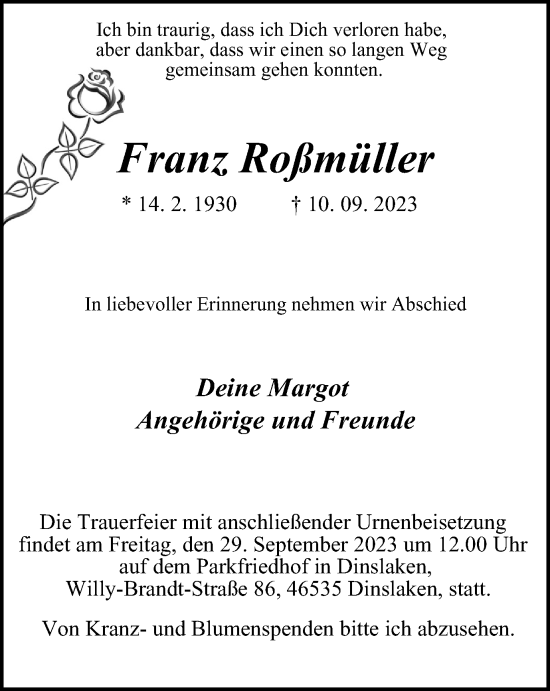 Traueranzeige von Franz Roßmüller von Tageszeitung
