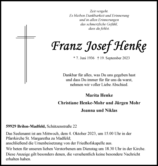 Traueranzeige von Franz Josef Henke von Tageszeitung