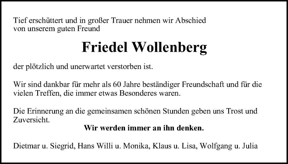  Traueranzeige für Friedel Wollenberg vom 09.09.2023 aus Tageszeitung