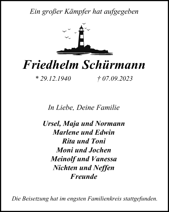 Traueranzeige von Friedhelm Schürmann von Tageszeitung