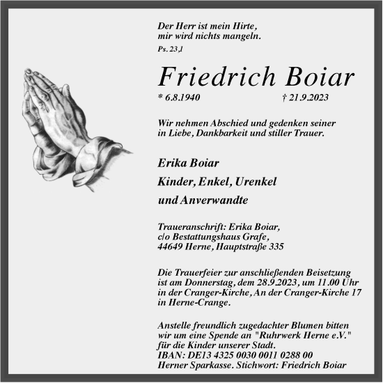 Traueranzeige von Friedrich Boiar von Tageszeitung