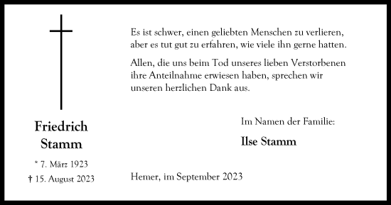 Traueranzeige von Friedrich Stamm von Tageszeitung