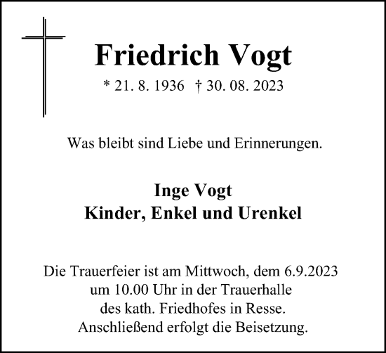 Traueranzeige von Friedrich Vogt von Tageszeitung