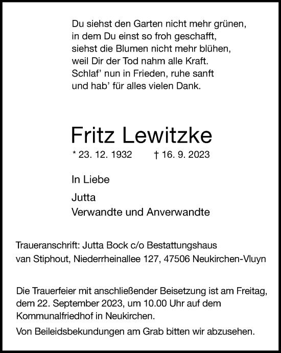 Traueranzeige von Fritz Lewitzke von Tageszeitung