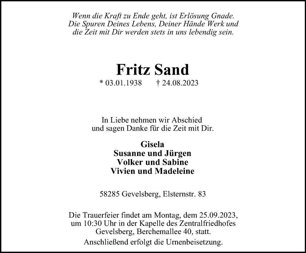  Traueranzeige für Fritz Sand vom 02.09.2023 aus Tageszeitung