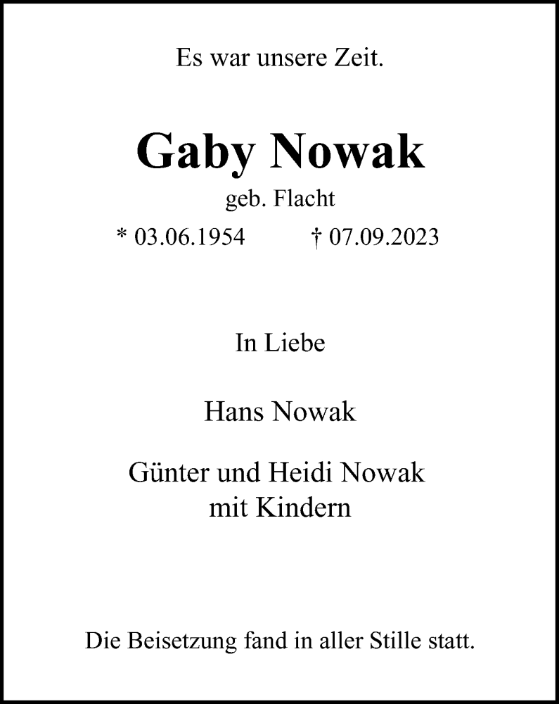  Traueranzeige für Gaby Nowak vom 16.09.2023 aus Tageszeitung