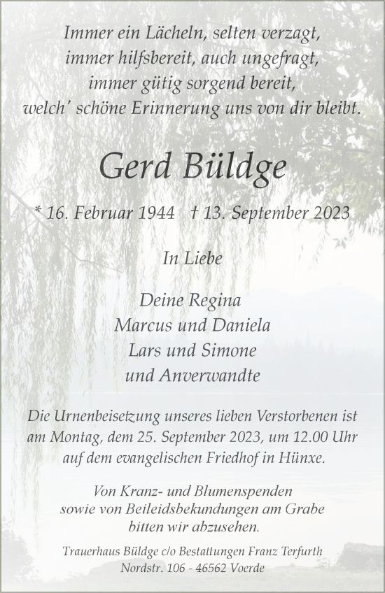 Traueranzeige von Gerd Büldge von Tageszeitung