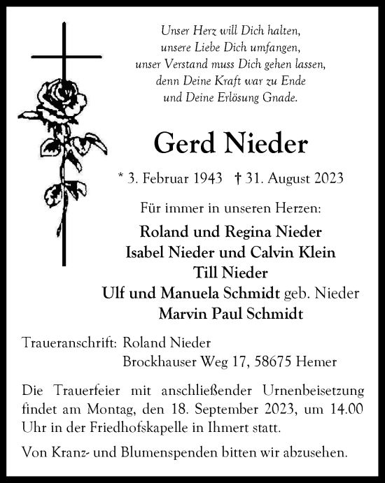 Traueranzeige von Gerd Nieder von Tageszeitung