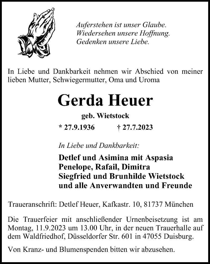  Traueranzeige für Gerda Heuer vom 02.09.2023 aus Tageszeitung