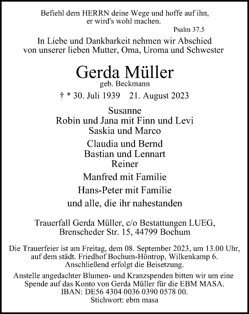 Traueranzeige für Gerda Müller vom 02.09.2023 aus Tageszeitung