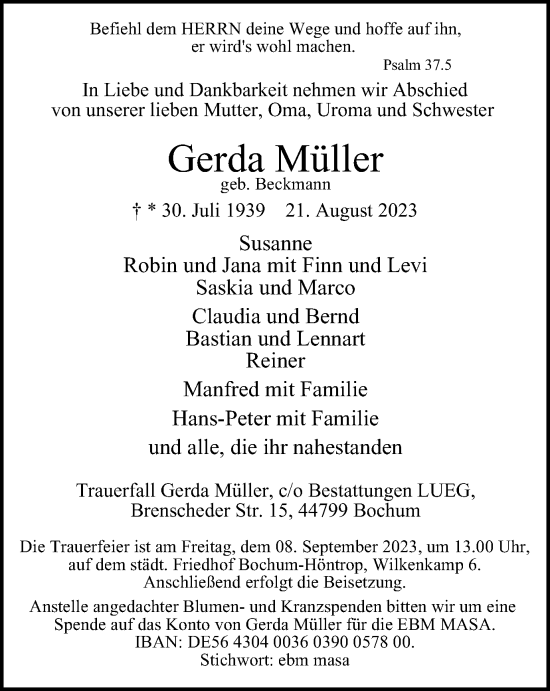 Traueranzeige von Gerda Müller von Tageszeitung