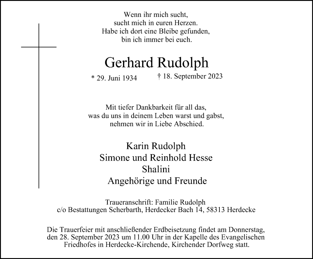 Traueranzeige für Gerhard Rudolph vom 23.09.2023 aus Tageszeitung