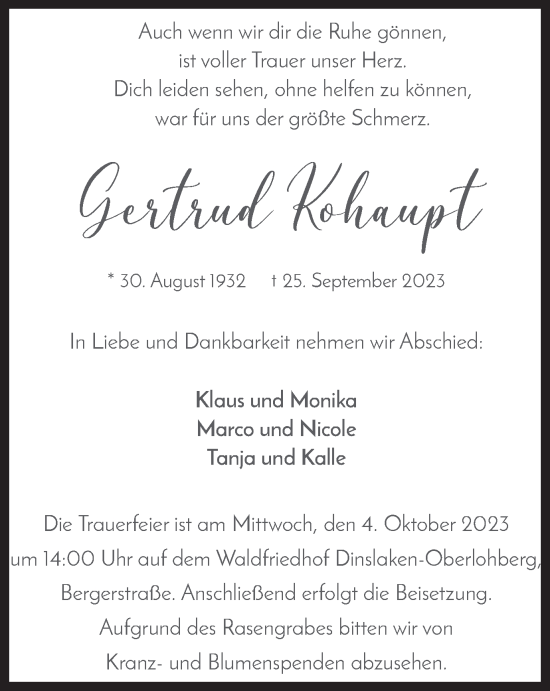 Traueranzeige von Gertrud Kohaupt von Tageszeitung