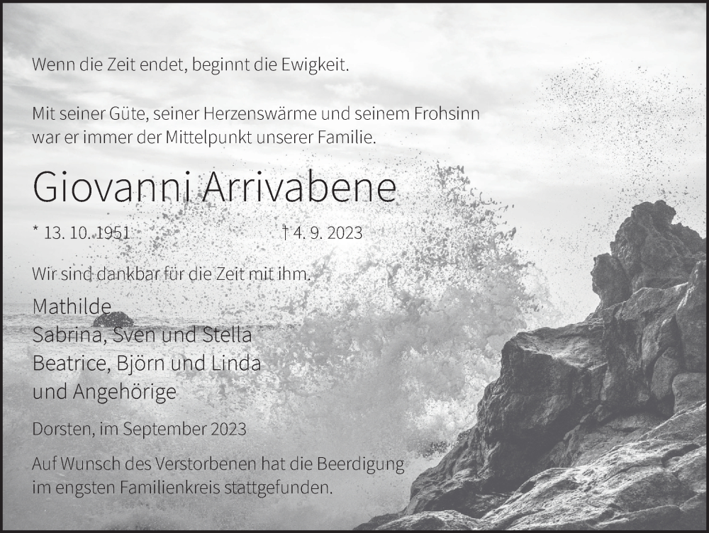  Traueranzeige für Giovanni Arrivabene vom 23.09.2023 aus Tageszeitung