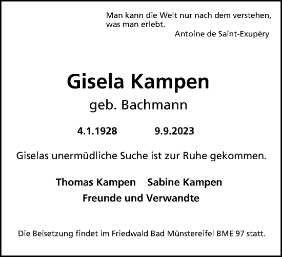 Traueranzeige von Gisela Kampen von Tageszeitung