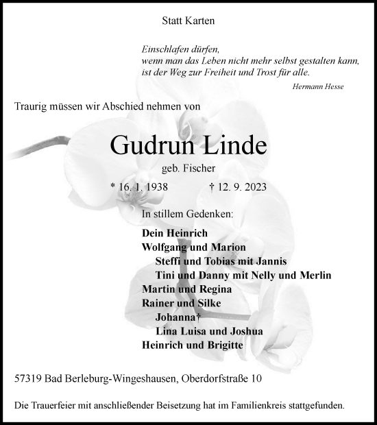 Traueranzeige von Gudrun Linde von Tageszeitung