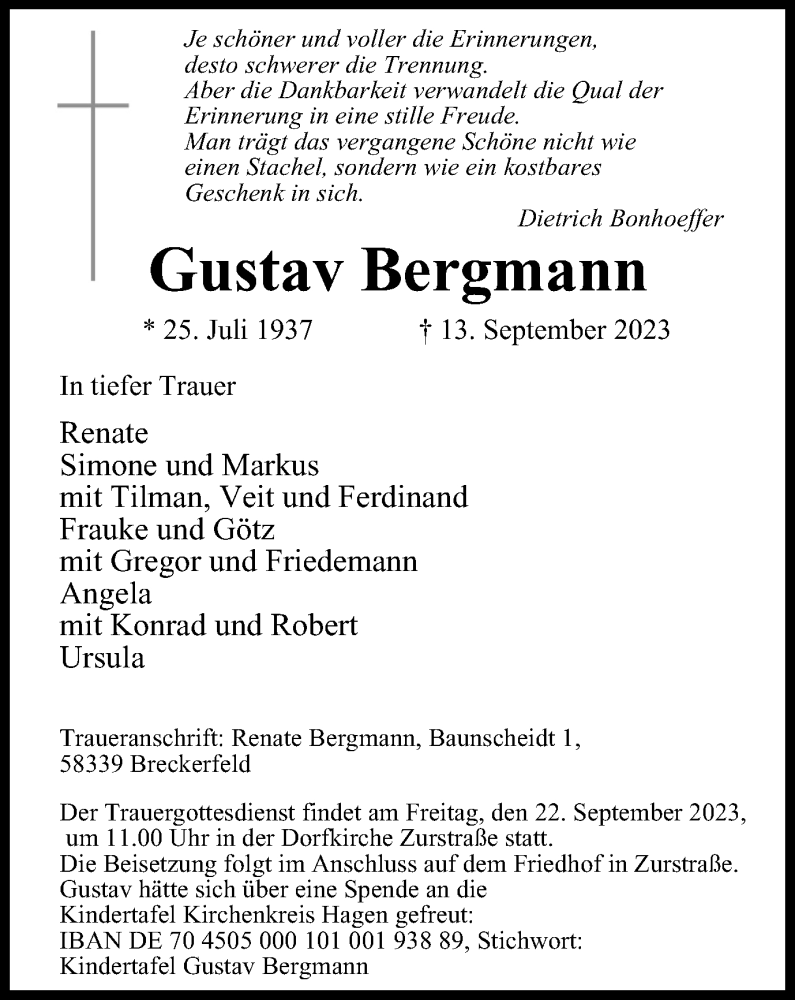  Traueranzeige für Gustav Bergmann vom 16.09.2023 aus Tageszeitung