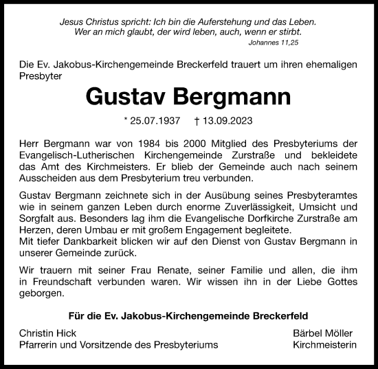 Traueranzeige von Gustav Bergmann von Tageszeitung