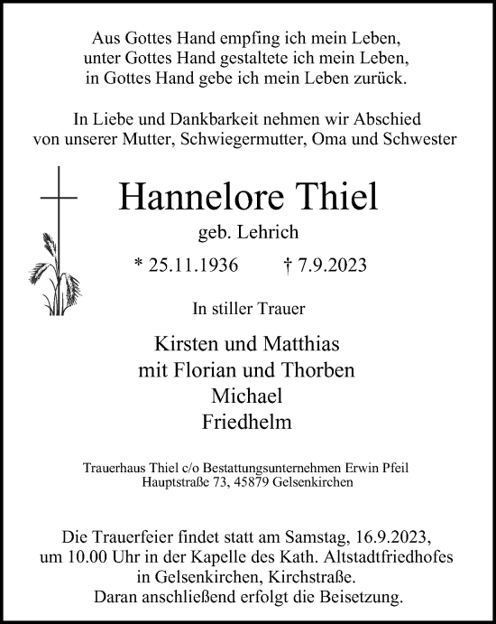 Traueranzeige von Hannelore Thiel von Tageszeitung