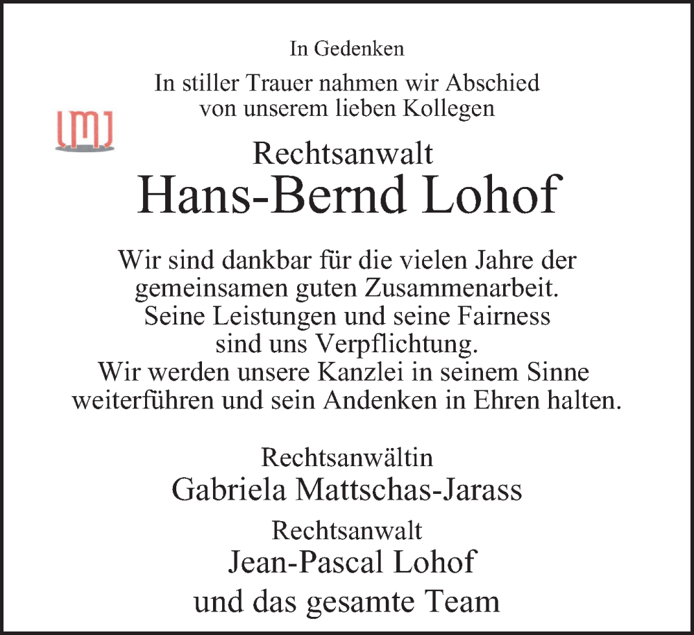  Traueranzeige für Hans-Bernd Lohof vom 16.09.2023 aus Tageszeitung