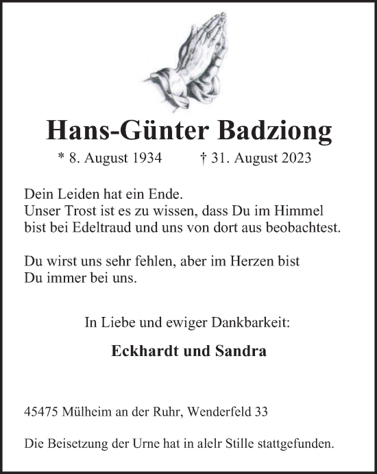 Traueranzeige von Hans-Günter Badziong von Tageszeitung