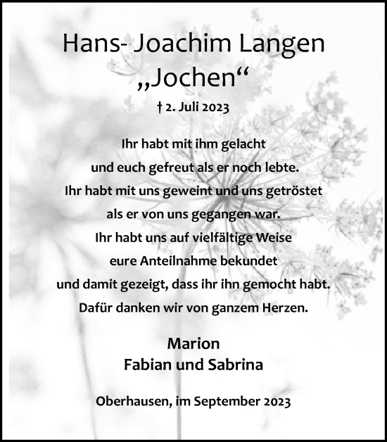 Traueranzeige von Hans-Joachim Langen von Tageszeitung