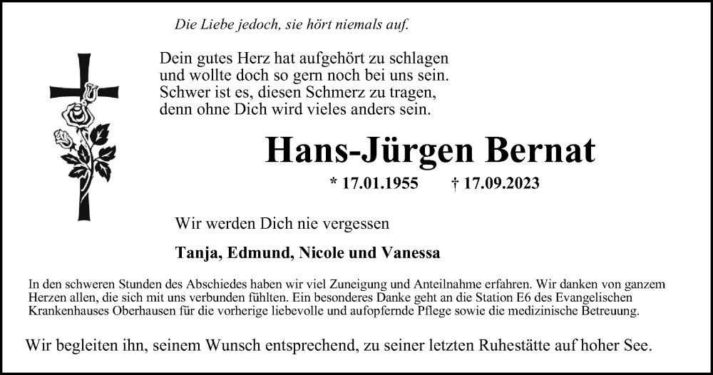 Traueranzeige für Hans-Jürgen Bernat vom 23.09.2023 aus Tageszeitung