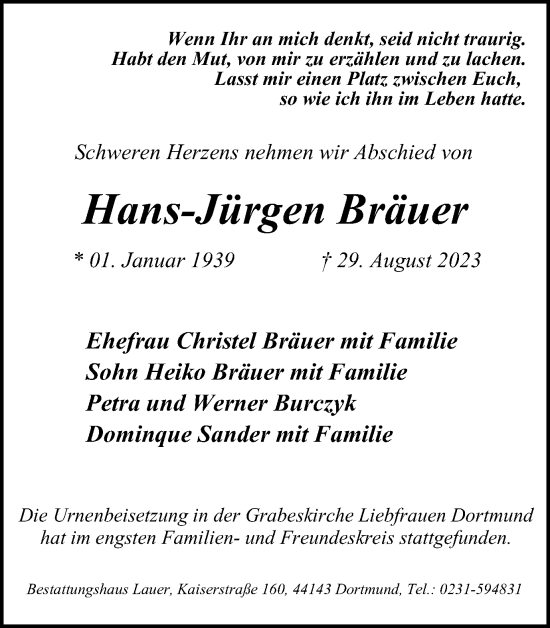 Traueranzeige von Hans-Jürgen Bräuer von Tageszeitung