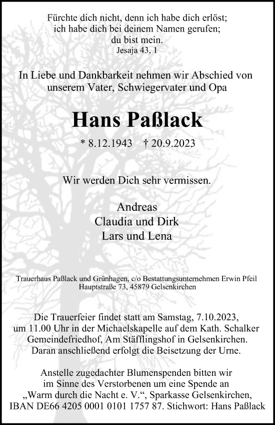 Traueranzeige von Hans Paßlack von Tageszeitung