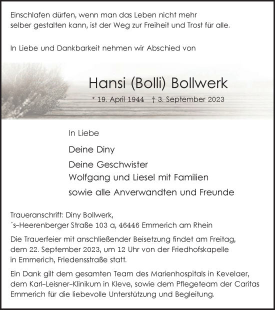 Traueranzeige von Hansi  Bollwerk von Tageszeitung