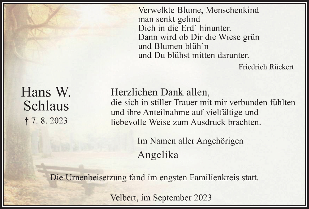  Traueranzeige für Hans W. Schlaus vom 23.09.2023 aus Tageszeitung