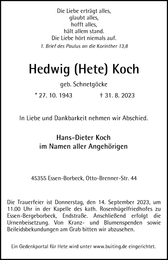 Traueranzeige von Hedwig  Koch von Tageszeitung