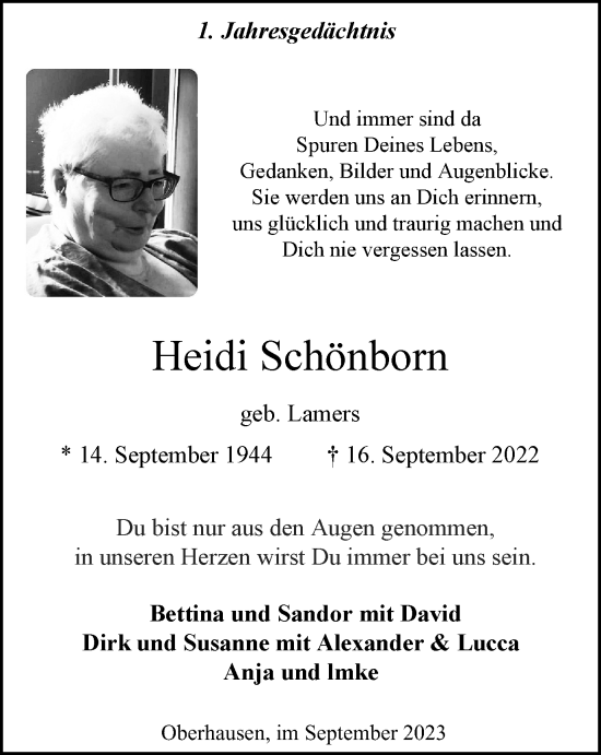 Traueranzeige von Heidi Schönborn von Tageszeitung