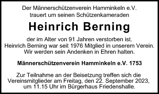 Traueranzeige von Heinrich Berning von Tageszeitung